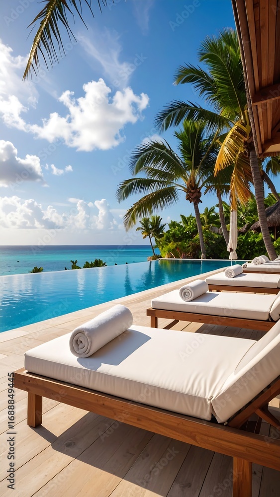 Fototapeta premium Luxurious poolside loungers with ocean view