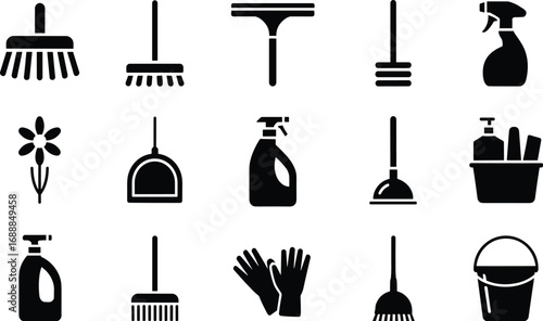 Set of cleaning tool icons including brooms, mops, buckets, spray bottles, dustpans, and squeegees in black and white vector illustration
