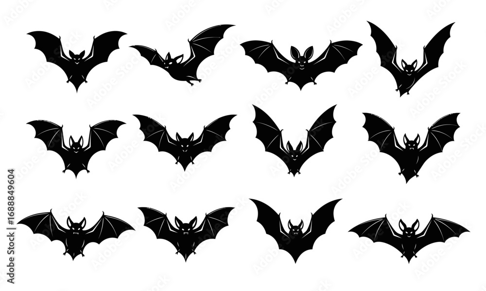 Fototapeta premium Black bat silhouettes soaring against a white background, perfect for spooky Halloween designs and concepts