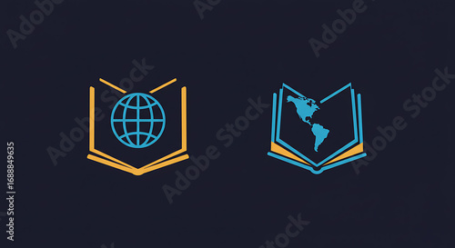 Vector graphic icon set featuring a world globe and continent map inside an open book for knowledge and travel concepts