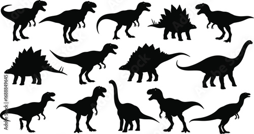 Set of Fourteen Dinosaur Silhouettes in Various Poses, Prehistoric Vector Illustration for Paleontology, Education, History, and Jurassic Design Projects