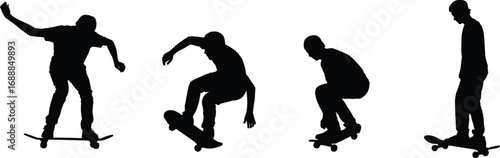 Set of skateboarder silhouettes performing tricks and stunts in various poses, black extreme sports vector illustration for action, youth, and lifestyle design