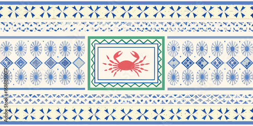 Decorative horizontal border with a central red crab motif and blue geometric patterns