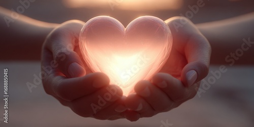 Cupped human hands softly hold a bright glowing transparent pink heart shape