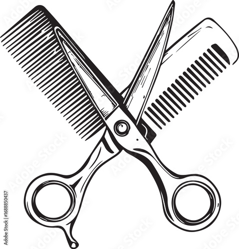 Hairdressing icon with scissors and combs crossed in X shape, symbolizing barber tools, grooming, and salon services