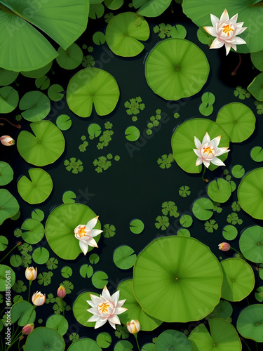 Swamp or lake top view with nenuphars or water lily pads. Natural background with deep marsh and lotus leaves, wild pond covered with duckweed and green waterlily plants, Cartoon vector illustration