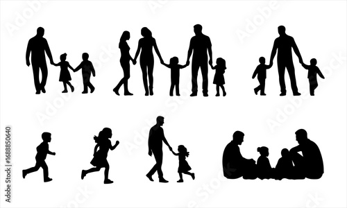 Happy Family Silhouette Vector, Parents and Children Silhouette