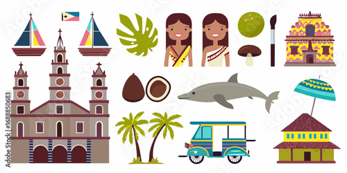 Collection of philippine cultural icons and landmarks featuring traditional architecture and symbols