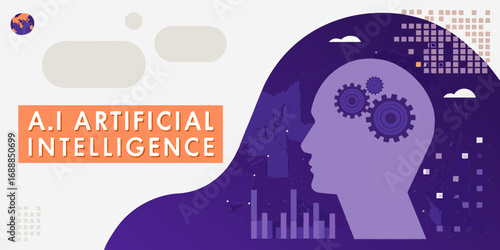 Artificial intelligence concept with human head silhouette and gears symbolizing thought process