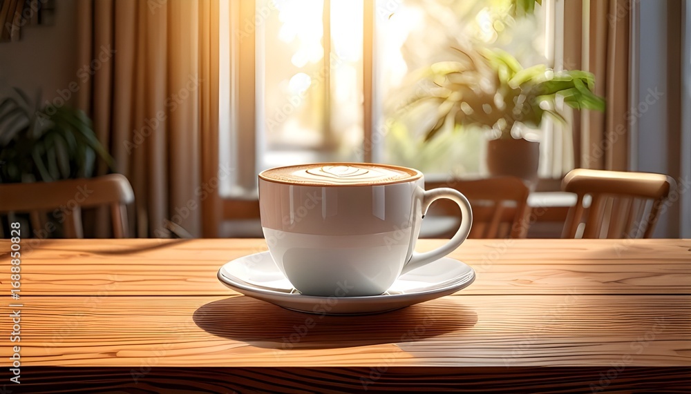 Obraz premium Minimalist Cappuccino Cup on Wooden Table in Bright Modern Cafe Interior
