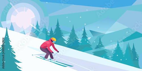 Stylized illustration of a skier descending a snow covered slope amidst pine trees and abstract mountains