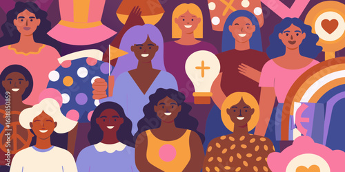 Diverse group of women with different skin tones and hair colors celebrating together with symbols of love and equality