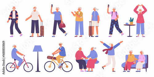 Diverse group of active elderly people enjoying various activities and traveling together