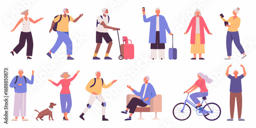 Diverse group of active senior adults enjoying various activities and traveling with luggage