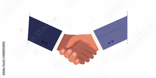 Two business people in suits shaking hands to seal a deal with sparkling accents