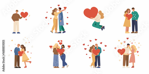 Collection of diverse couples holding red hearts celebrating love and romance on white background