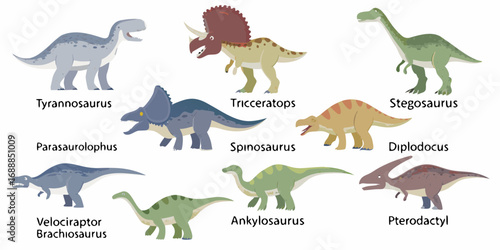 Collection of ten different cartoon dinosaurs labeled with their names on a white background