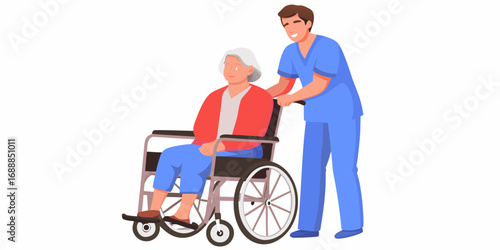 Caring male nurse pushing elderly woman in a wheelchair with a smile