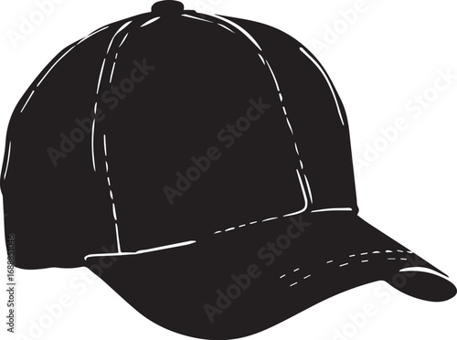 Black silhouette of classic baseball cap with curved brim and visible stitching, symbolizing casual fashion and sportswear
