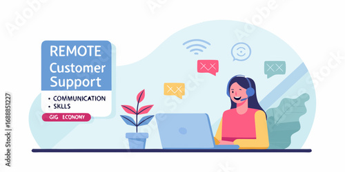 Woman with headset working remotely providing customer support and communication skills for the gig economy