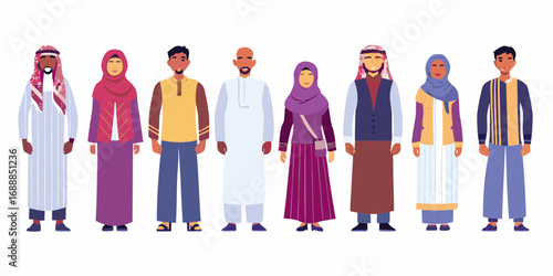 Diverse group of men and women in traditional and modern middle eastern clothing standing together