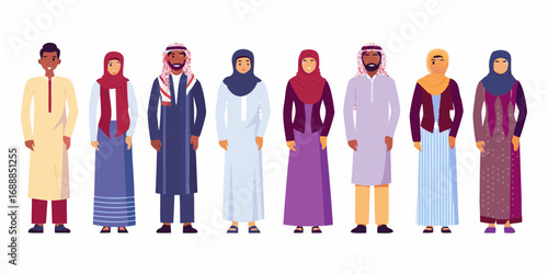 Diverse group of men and women in traditional middle eastern clothing standing together