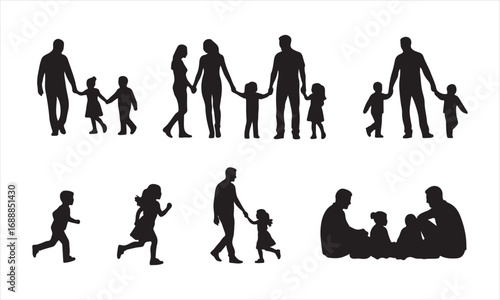 Happy Family Silhouette Vector, Parents and Children Silhouette