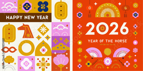 Happy new year 2026 year of the horse festive illustration with traditional chinese decorative elements and abstract patterns