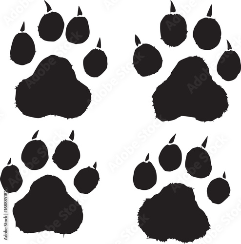 Black silhouette of four identical paw prints with claw marks, arranged in a square pattern, symbolizing animal tracking or pets