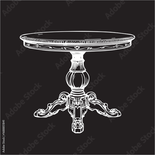 White line drawing of ornate round pedestal table with carved legs and decorative top, symbolizing vintage furniture design