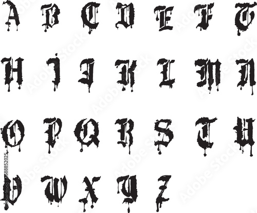 Alphabet abc font for Halloween blood gothic scary grunge horror dripping liquid hand drawn vintage letters 