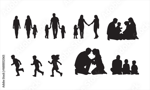 Happy Family Silhouette Vector, Parents and Children Silhouette