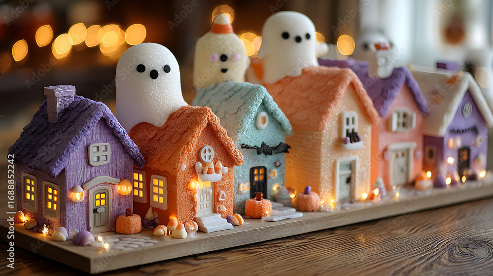 Obraz premium Cute Halloween village with candy houses and friendly ghosts walking around
