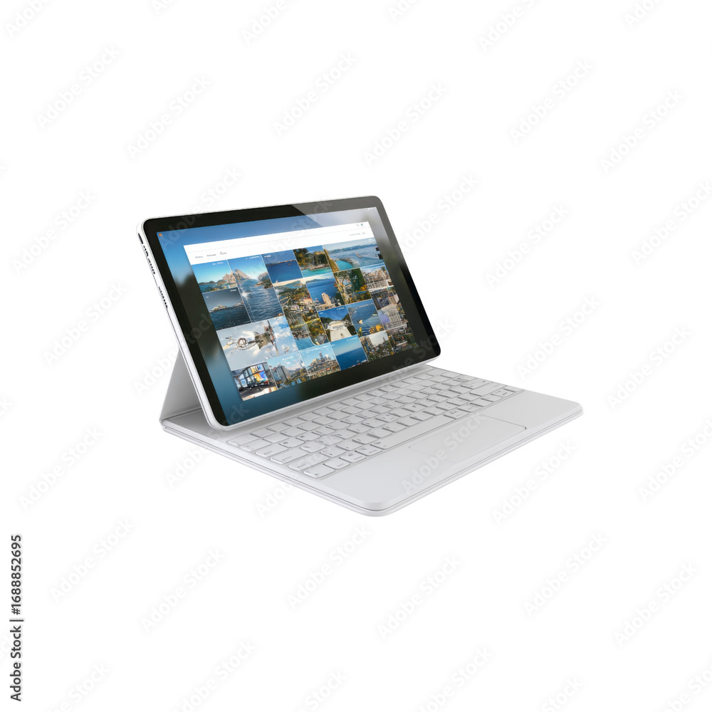 Obraz premium Modern White Detachable Keyboard Tablet Displaying Travel Photos