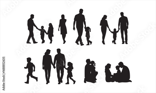 Happy Family Silhouette Vector, Parents and Children Silhouette