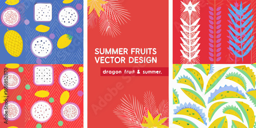 Vibrant summer fruits vector design with dragon fruit pineapple and tropical leaves