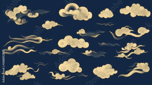Chinese-style cloud illustrations on a dark blue background