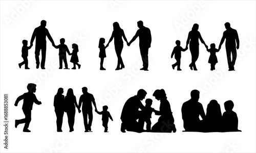 Happy Family Silhouette Vector, Parents and Children Silhouette