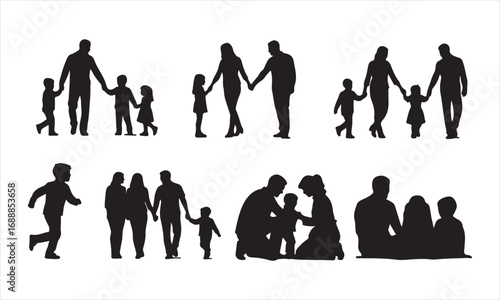 Happy Family Silhouette Vector, Parents and Children Silhouette