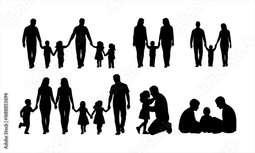 Happy Family Silhouette Vector, Parents and Children Silhouette
