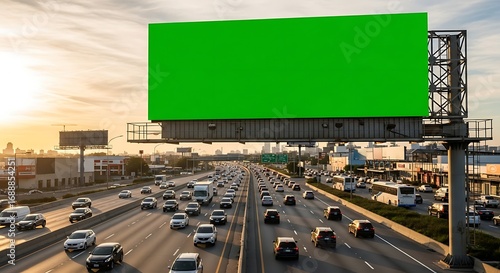 Blank green screen billboard mock-up for advertising over a busy highway with traffic at sunset
