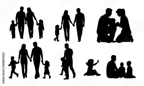 Happy Family Silhouette Vector, Parents and Children Silhouette
