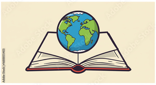 Hand-drawn illustration of the planet Earth emerging from an open book, symbolizing global knowledge, education, and discovery