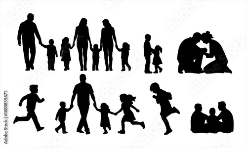 Happy Family Silhouette Vector, Parents and Children Silhouette