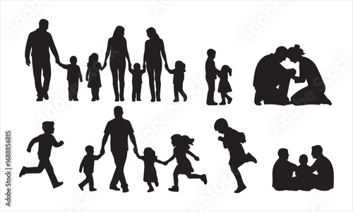 Happy Family Silhouette Vector, Parents and Children Silhouette