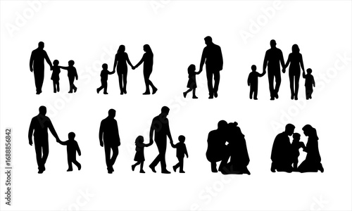 Happy Family Silhouette Vector, Parents and Children Silhouette