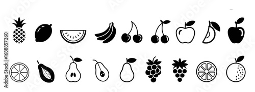 Collection of Black and White Fruit Icons: Pineapple, Lemon, Watermelon, Bananas, Cherries, Apples, Pears, Grapes, Oranges