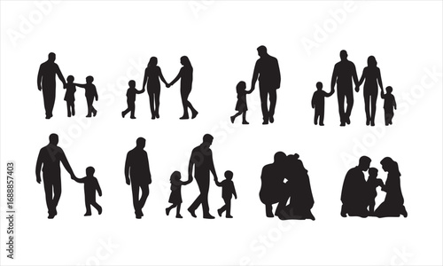 Happy Family Silhouette Vector, Parents and Children Silhouette