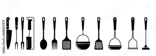 Collection of Black and White Kitchen Utensils and Cooking Tools