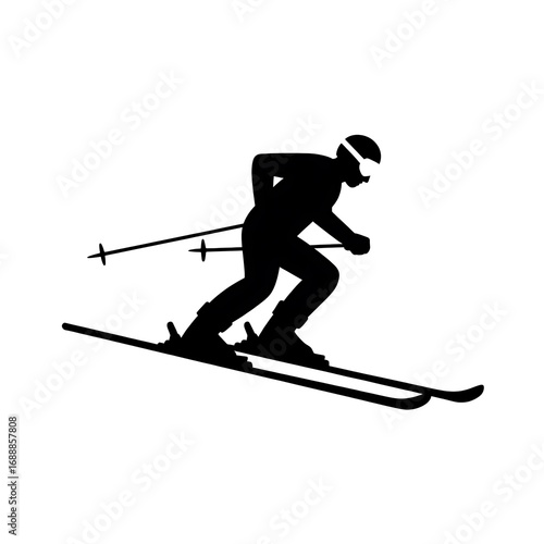 A Black Silhouette of a Skier Gliding Downhill with Ski Poles, Wearing a Helmet and Goggles in a Dynamic Pose